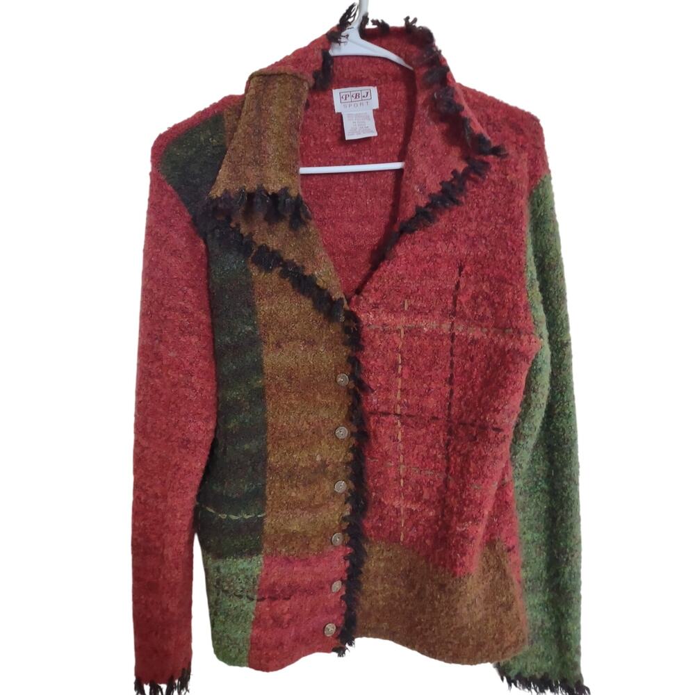 Vintage PBJ Sport‎ Patchwork Cardigan Sweater Medium Boho Fringe Cottage Funky